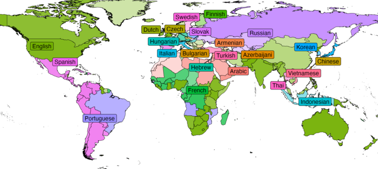 World map showing dominant languages by country with labels including English, Spanish, Portuguese, French, Arabic, Russian, Chinese, and others
