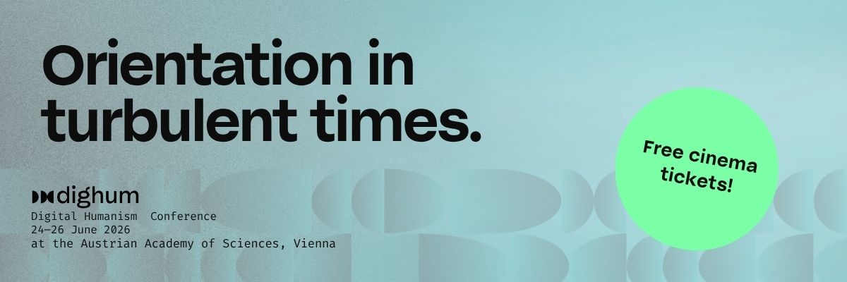Banner with text 'Orientation in turbulent times' and 'Free cinema tickets' on a light blue background with abstract shapes