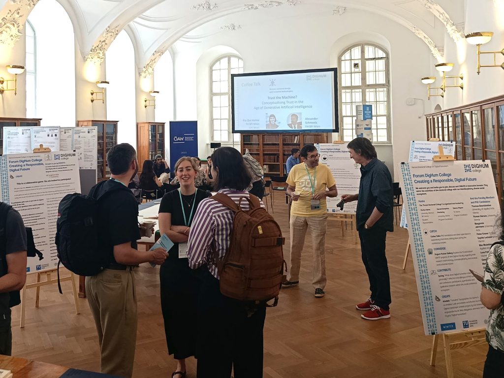 People talking and reading posters in a large room with arched windows and decorative ceiling